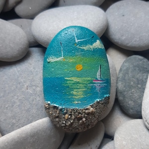 Beach Stone Painting, Seascape miniature painted rock, Hand Painted Paperweight, Rock art, Sea Lover Gifts