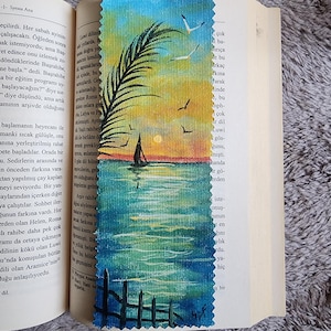 Hand-Painted Sunset Seascape Bookmark: Beach, Palm & Seagulls