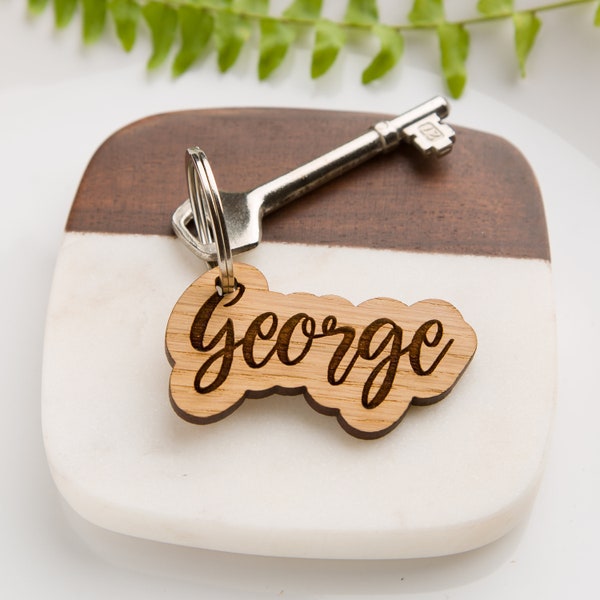Personalised Oak Name Keyring, Engraved, Shed, Door Keys, Gift for a Girl, Logo Key rings, Custom Text, Wood Key Chain