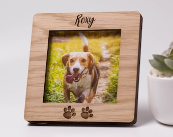 Personalised Paw Print Square Oak Photo Frame, Pet Memorial, Dog or Cat Loss, Rainbow Bridge, Paw Print