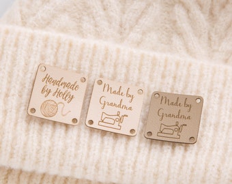 Personalised, Set of 10, Square Faux Leather, Sew On Label, Handmade By, Knitting, Clothing Crochet Tags