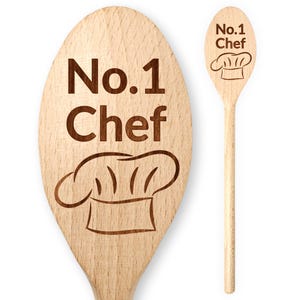 No.1 Chef Hat Wooden Cooking Spoon Husband Mum Dad Son Mothers Day Fathers Day Birthday Bake Off Challenge Star Baker Chef Kitchen BBQ Curry