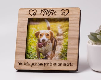 Personalised Paw Print with Heart Square Oak Photo Frame, Pet Memorial, Dog or Cat Loss, Rainbow Bridge, Paw Print