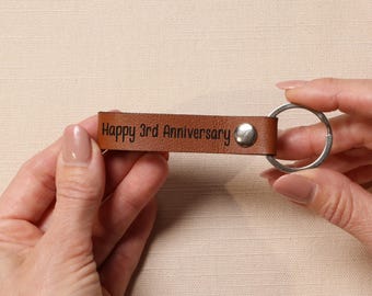 3. Jahrestag Vegan Leder Schlüsselanhänger, Paare Meilenstein Andenken, Geschenk für Ehemann und Ehefrau
