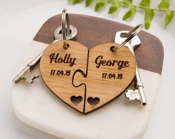 Personalised Jigsaw Heart Oak Keyring, Name & Date, Valentines, Couples Gift, Day We Met