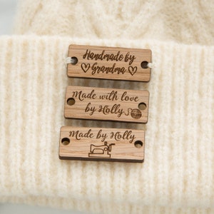 Handmade Knitting, Clothing Crochet Tag x 10, Oak Wood, Logo Tags, Sew on Label, Personalised & Branded for Clothing