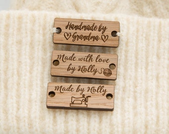 Handmade Knitting, Clothing Crochet Tag x 10, Oak Wood, Logo Tags, Sew on Label, Personalised & Branded for Clothing