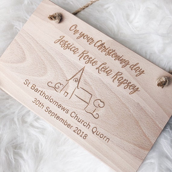 Personalised Christening Gift Engraved Wood Hanging Plaque Baptism GiftsSign 
