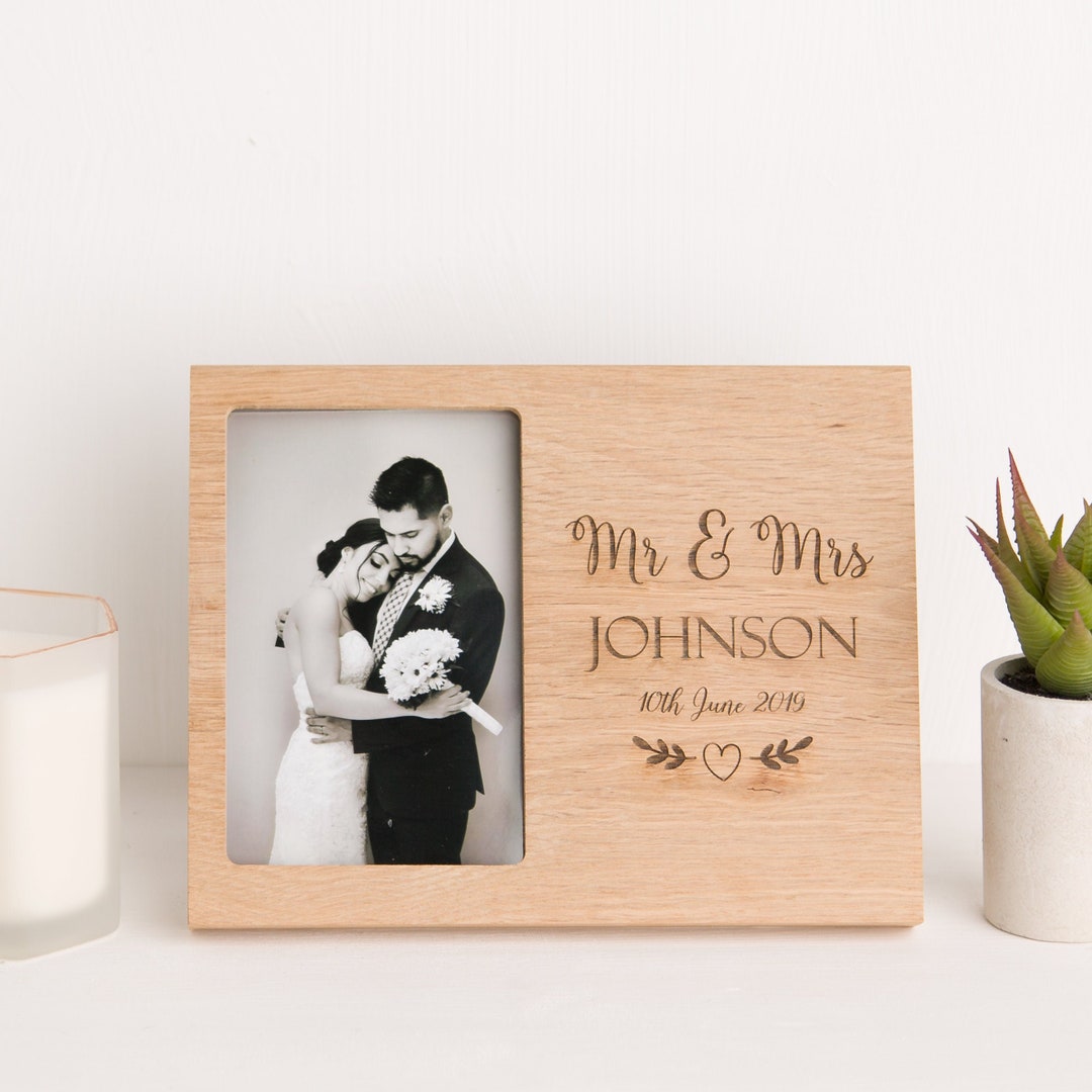 First Date Photo Frame Personalised Wedding Date Photo Frame, Solid Oak, Mr and Mrs ...