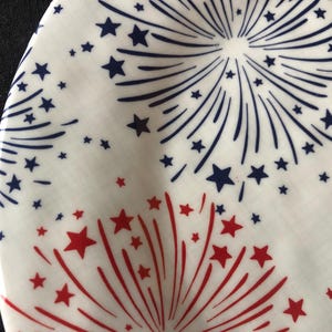 Op de afbeelding: Witte plaat met een feestelijk vuurwerkontwerp in rood en marineblauw. De plaat heeft stervormige patronen en verspreide sterren, wat een feestelijk en patriottisch thema cre&euml;ert. Perfect voor het serveren van eten op een zomerse bijeenkomst.