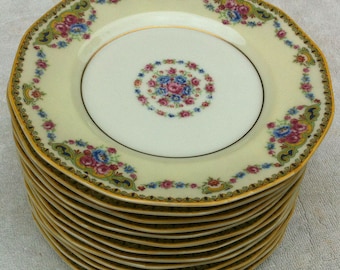 May include: A stack of 12 cream-colored porcelain dessert plates with a gold rim and floral pattern. The plates have a scalloped edge and a central floral design.