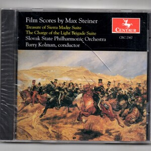May include: A CD case with a painting of a cavalry charge. The text on the case reads "Film Scores by Max Steiner", "Treasure of Sierra Madre Suite", "The Charge of the Light Brigade Suite", "Slovak State Philharmonic Orchestra", "Barry Kolman, conductor", "CENTAUR", and "CRC 2367".