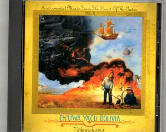 May include: CD case featuring the album "Instrumental Music From The Heart Of The Andes Vol. II." The cover art depicts a fiery scene with figures, a ship, and helicopters. The text "CH'UWA YACU BOLIVIA" is visible.