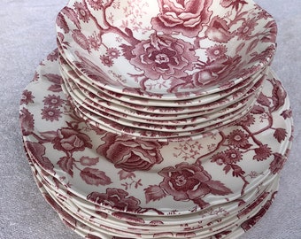 English Chippendale by Johnson Bros red pink dinner/cereal set (9 and 8 pieces)