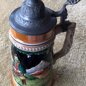 ヴィンテージ スイス 陶器製ビールジョッキ 蓋付き オルゴール付き