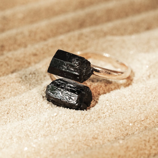 Black Tourmaline Ring, Boho Rings for Women, Gold-Plated Natural Crystal Jewelry, Natural Gemstone with Certificate & a Premium Pouch