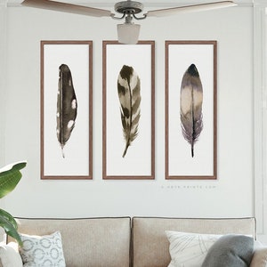 Feather Wall Art Set of 3 Art Prints, Modern Boho Living Room Wall Art Decor, Watercolor Painting Feathers, Paper or Canvas, Printed Shipped