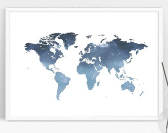 May include: A watercolor world map print in shades of blue, framed in white, with a white background. The map is a stylized representation of the continents and oceans.