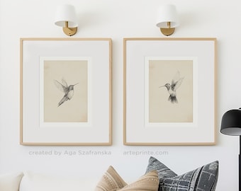 Set of 2 Bird Prints, Hummingbird Wall Art, Vintage Bird Illustrations, Pencil Drawing Hummingbirds Sketches - Giclee Print | Aga Szafranska