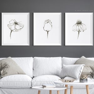 Lot de 3 impressions d'art florales, dessin minimaliste au crayon et au fusain, art mural floral esthétique en noir et blanc - Impressions giclées | Aga Szafranska