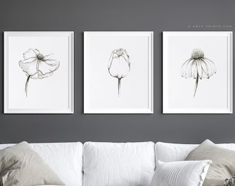 Set of 3 Flowers Minimalist Drawing Prints: Black and White Sketches, Floral Botanical Illustrations