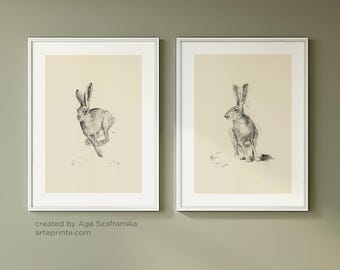 Vintage Hare Charcoal Drawing Sketch Art Prints Set 2 Animal Wall Illustrations - Giclee