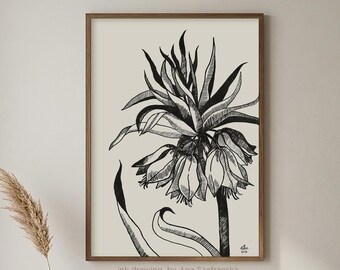 Rysunek tuszem z kwiatem lilii: nowoczesny styl boho eklektyczny, czarno-beżowa sztuka kwiatowa giclee
