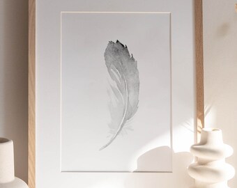 Feather Art Print: Gray Watercolor, Minimalist Boho Decor | Giclee