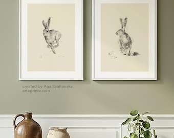 Ensemble de 2 tirages d'esquisses de dessin au fusain de lièvre, ensemble de 2 illustrations d'animaux de style vintage - Giclée