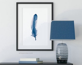 Blue Feather Art Print, Minimalist Wall Art, Navy Blue Watercolor Painting Feather, Blue White Print, Modern Boho Wall Decor Printed Shipped