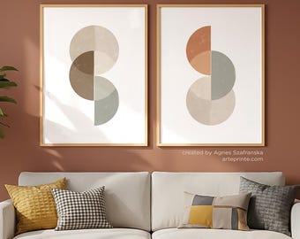Geometric Wall Art Mid Century Modern Prints Set of 2 Abstract Circles & Semicircles - Giclee
