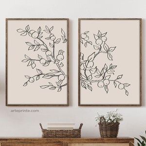 Set di 2 stampe artistiche da parete botaniche beige e nere, disegno lineare di rami di melo, immagini minimaliste, stampa giclée / Aga Szafranska