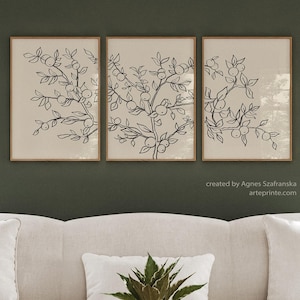 Set di 3 stampe di Botanical Line Art - Disegno a tratteggio di un albero di mele, arte murale minimalista beige e nero neutro, stampa giclée / Aga Szafranska