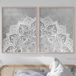 Gray Wall Art, Boho Decor, Grey White Mandala Set of 2 Prints, Bedroom Living Room Decor, Wall  Posters, Canvas or Paper, Printed Shipped