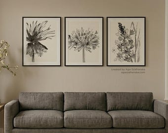Minimalist Floral Wall Art Prints Set 3 Modern Boho Decor, Ink & Watercolor - Giclee
