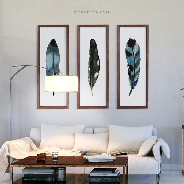 Feather Wall Art, Set of 3 Prints, Modern Boho Decor, Living Room Wall Art, Watercolor Painting Feathers, Printed Shipped, Paper or Canvas