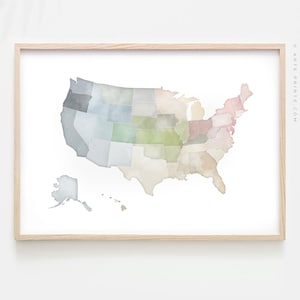 Impression carte des États-Unis, art mural carte des États-Unis, affiche de carte de voyage des États-Unis - carte aquarelle pastel - décoration de la salle de classe - impressions jet d'encre | Aga Szafranska