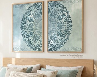 Teal Turquoise Boho Mandala Wall Art Set 2 Prints Zen Bedroom Living Room - Giclee