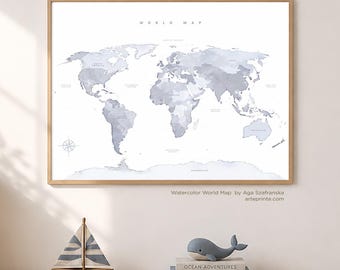 Watercolor World Map Print Blue-Gray Wall Art: Travel Nursery Kids Room Decor - Giclee