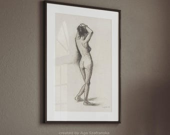 Vintage Nude Female Sketch Print Elegant Academic Figure Drawing Minimalist Wall Art - Giclee