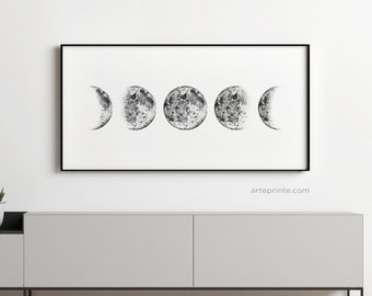 Phases of the Moon, Pencil Drawing, Wall Art, Drawing Art Print, Moon Print, Black White Minimalist Print, Graphite Drawing, Printed Shipped