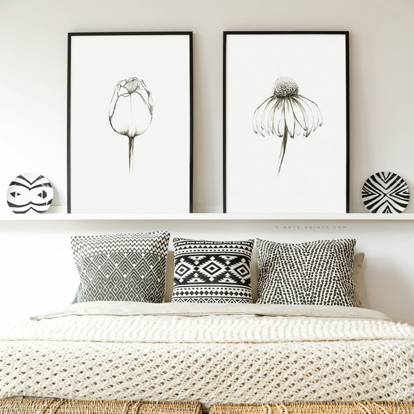 Flower Drawing, Set of 2, Art Prints, Pencil Drawing, Flower Sketches, Black White Minimalist Art, Modern Rustic Home Decor, Printed Shipped