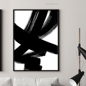 Impresión de arte abstracto en blanco negro, decoración moderna del hogar, pinceladas negras, líneas gruesas pintadas con tinta negra, lienzo o papel, impreso enviado