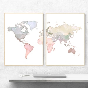 Map of the World, 2 Panel Wall Art, Large World Map Art Print, Modern Minimalist Map Wall Decor, Pastel World Map Poster, Printed Shipped