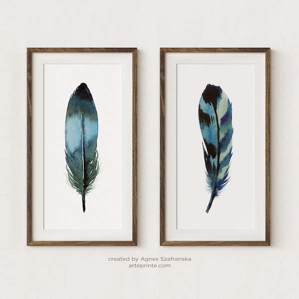 Feather Wall Art, Set of 2 Art Prints, Watercolor Painting Feathers, Large Watercolor Art Prints, sizes up to 30x60 inches, Printed Shipped