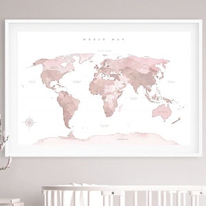 Blush pinke Weltkarte, Weltkarte Wand Kunst Druck, Aquarell Kontinente Karte Poster - Mädchen, Kinderzimmer Dekor - Giclee Print | Aga Szafranska