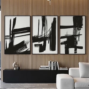 Set of 3 Black and White Abstract Art Prints, Modern Bold Brushstrokes Lines - Giclee