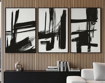Set of 3 Black and White Abstract Art Prints, Modern Bold Brushstrokes Lines - Giclee