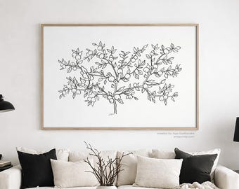 Apple Tree Line Drawing Print Minimalist Black and White Botanical Wall Art Giclee