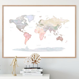 World Map Wall Art, Baby Nursery Decor, Pastel World Map Print, Map with Continents Names, Canvas or Paper, Giclee Print | Aga Szafranska